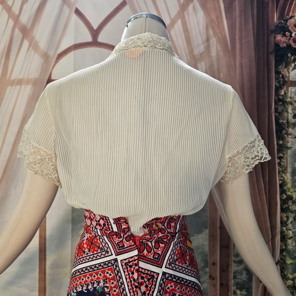 Vintage 1960's Jami Originals Ivory Lace Blouse Pearl Button Short Sleeve Top - Picture 9 of 14